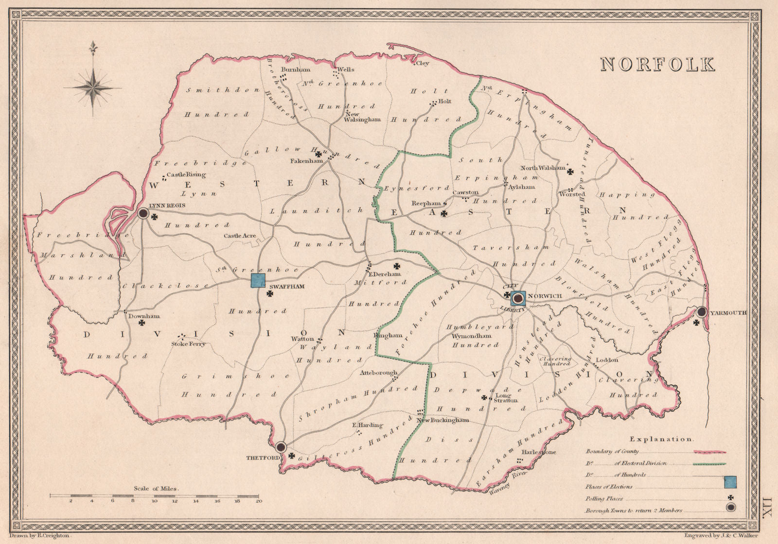 NORFOLK antique county map by CREIGHTON/WALKER. Electoral 1835 old